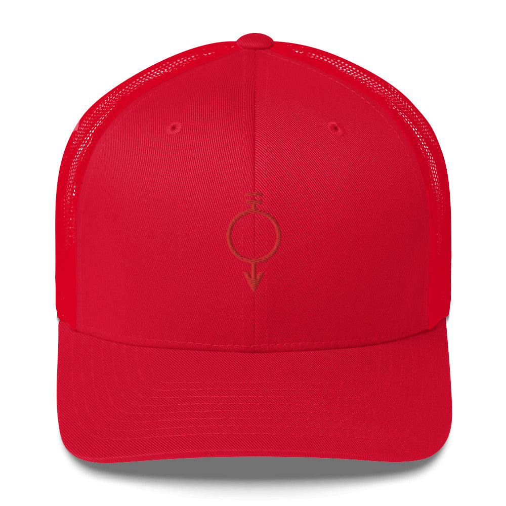 Red hat embroidered with the red sigil for manual laborers and miners