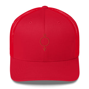 Red hat embroidered with the red sigil for manual laborers and miners