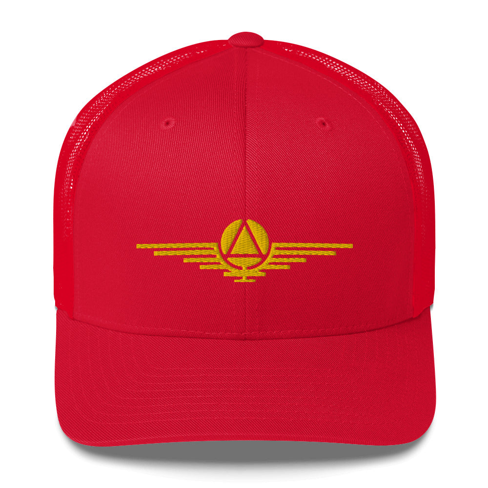 Red hat embroidered with the gold symbol of the rulers of the society