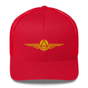 Red hat embroidered with the gold symbol of the rulers of the society