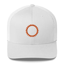 Load image into Gallery viewer, White hat with embroidered orange sigil of mechanics and engineers
