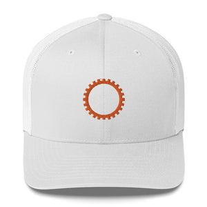 White hat with embroidered orange sigil of mechanics and engineers