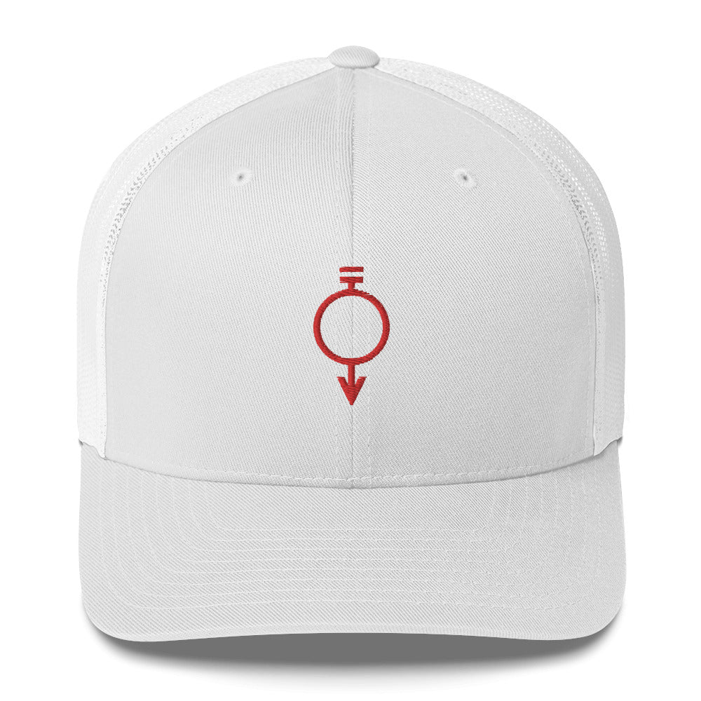 White hat embroidered with the red sigil for manual laborers and miners