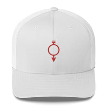 Load image into Gallery viewer, White hat embroidered with the red sigil for manual laborers and miners
