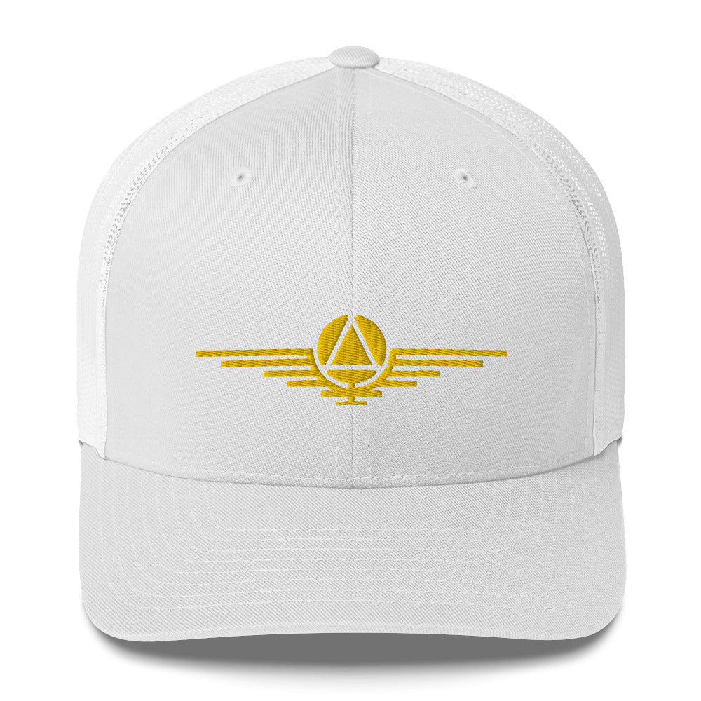 White hat embroidered with the gold symbol of the rulers of the society