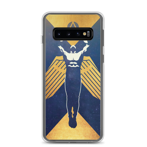 Phone case featuring a muscled winged figure with outstretched arms toward a triangle enclosed in a circle