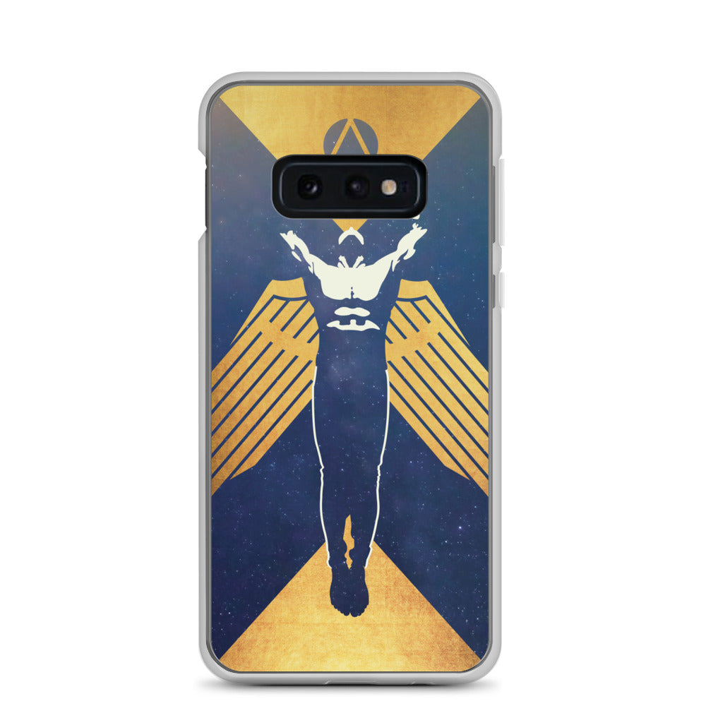 Phone case featuring a muscled winged figure with outstretched arms toward a triangle enclosed in a circle