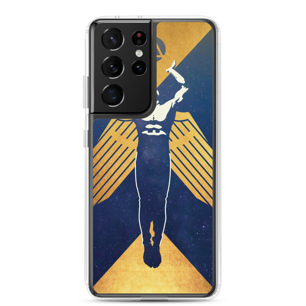 Phone case featuring a muscled winged figure with outstretched arms toward a triangle enclosed in a circle
