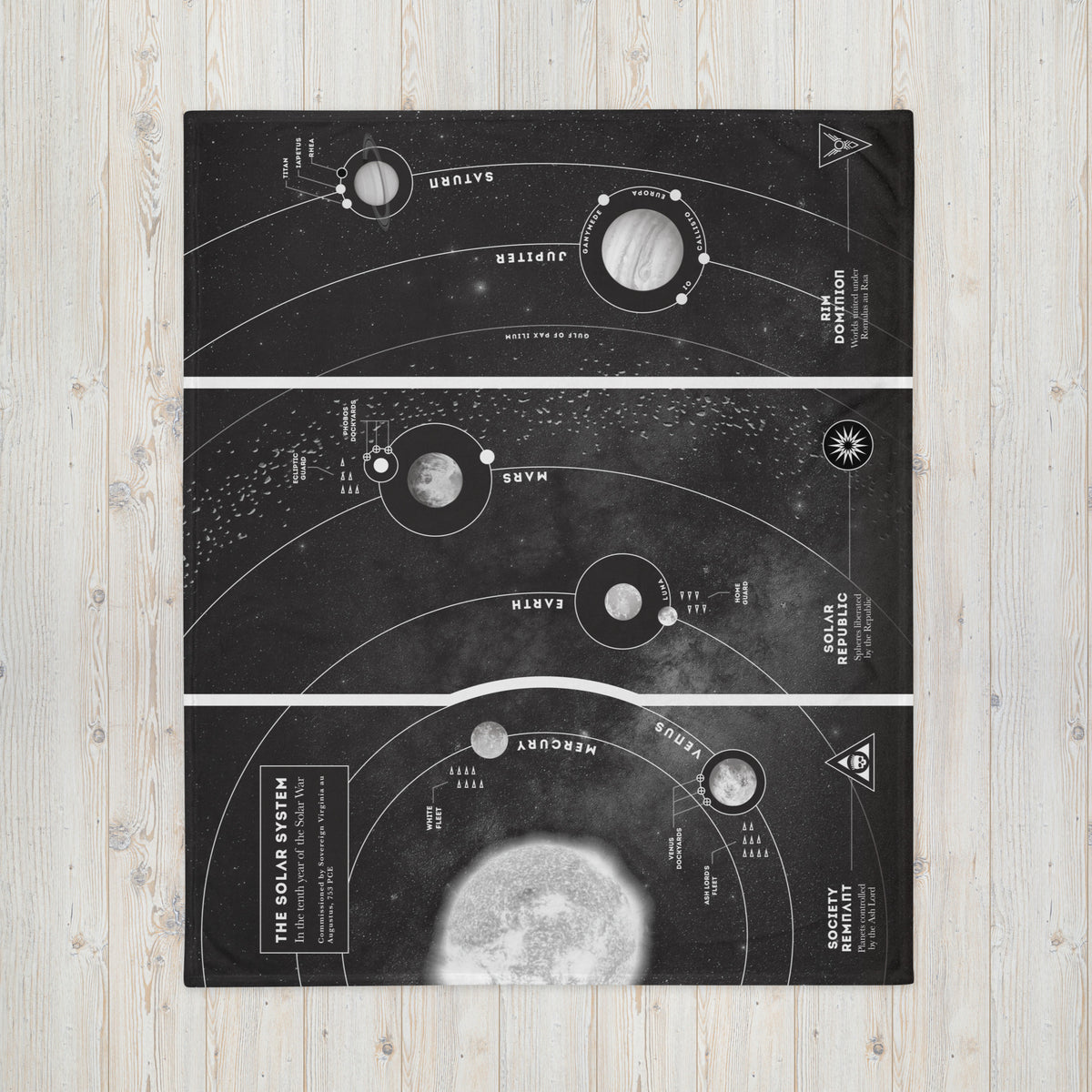 Cozy black and white blanket printed with the official Solar System map designed for Iron Gold