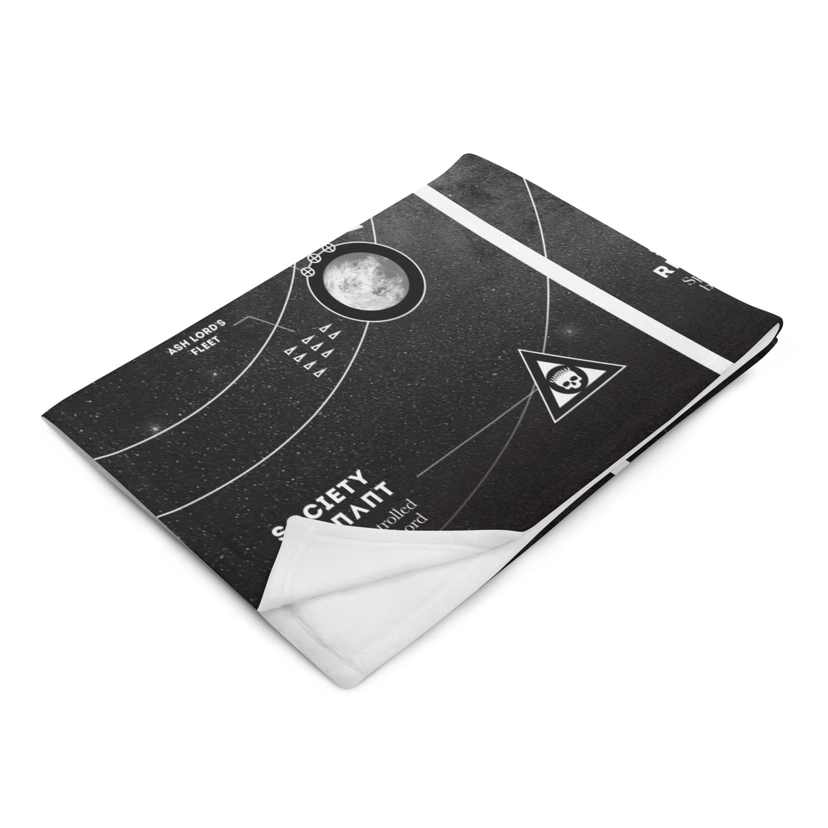 Cozy black and white blanket printed with the official Solar System map designed for Iron Gold