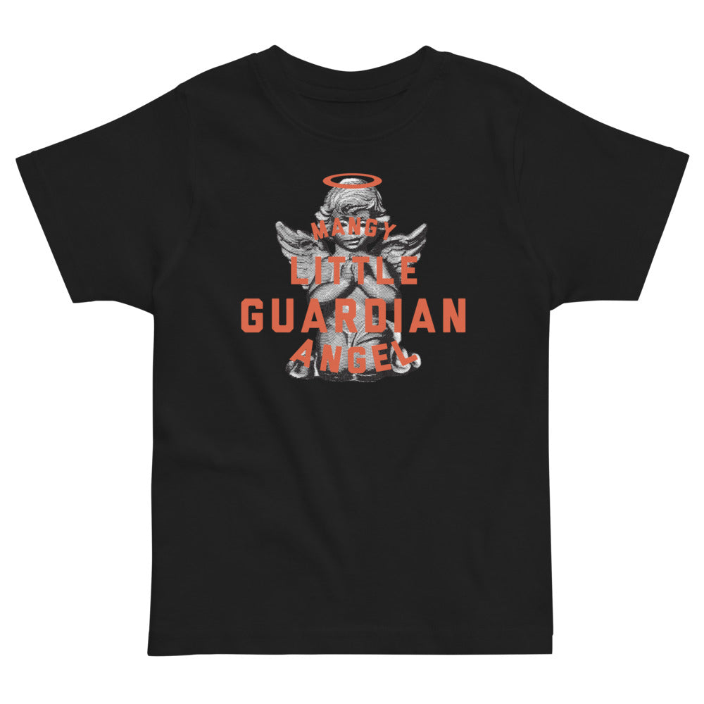 Shirt that says 'Mangy little guardian angel' over a praying angel statue
