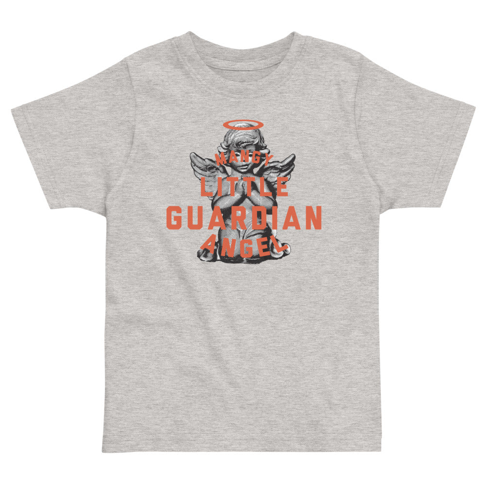 Shirt that says 'Mangy little guardian angel' over a praying angel statue