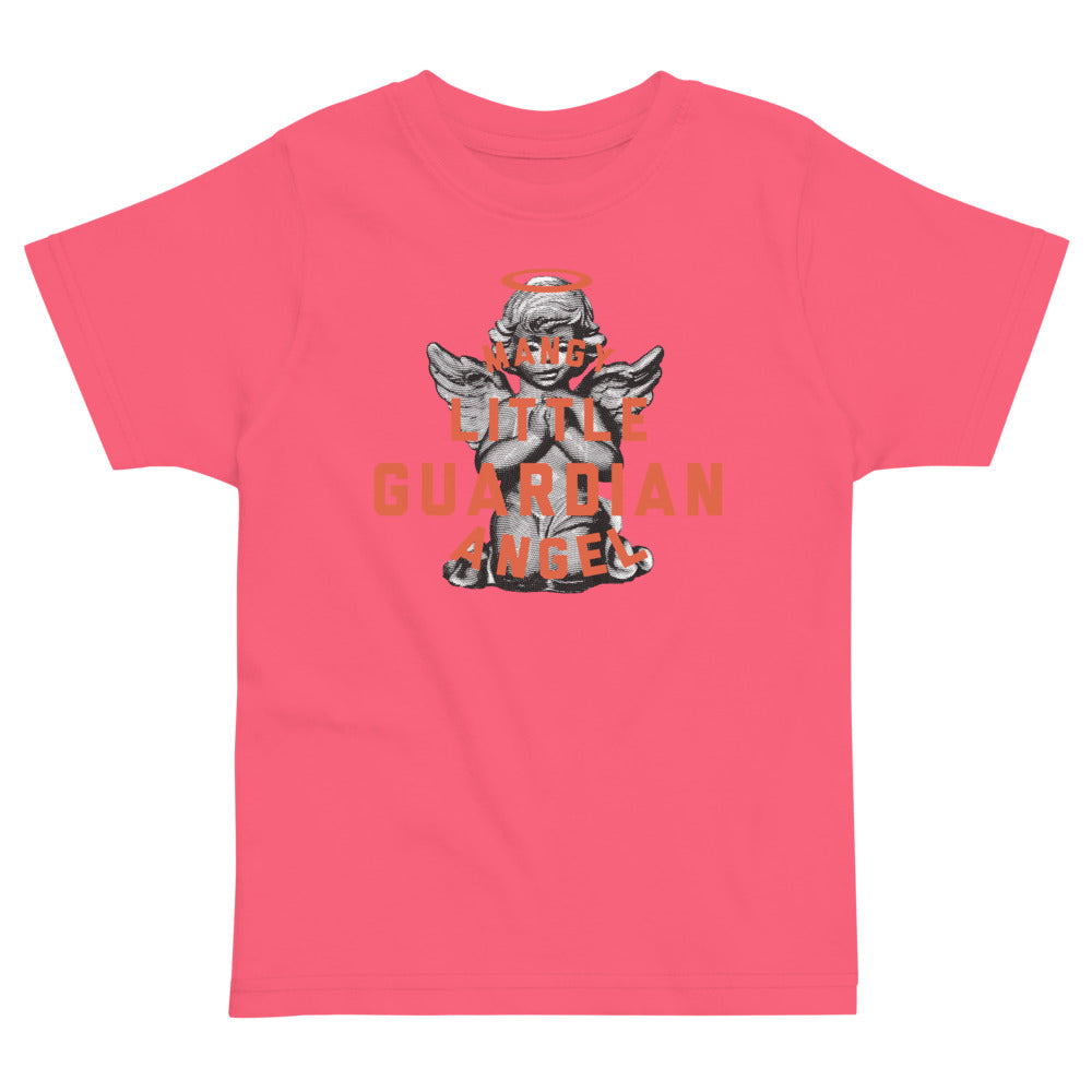 Shirt that says 'Mangy little guardian angel' over a praying angel statue
