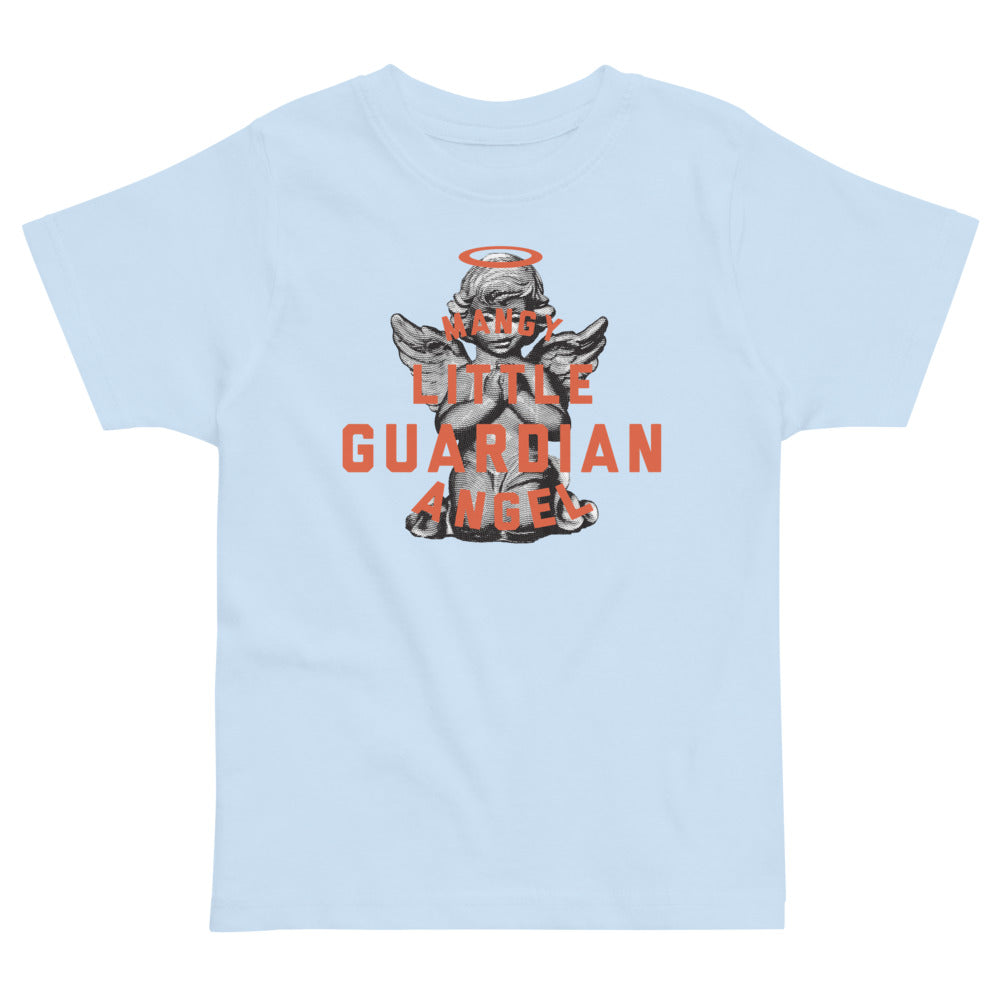 Shirt that says 'Mangy little guardian angel' over a praying angel statue