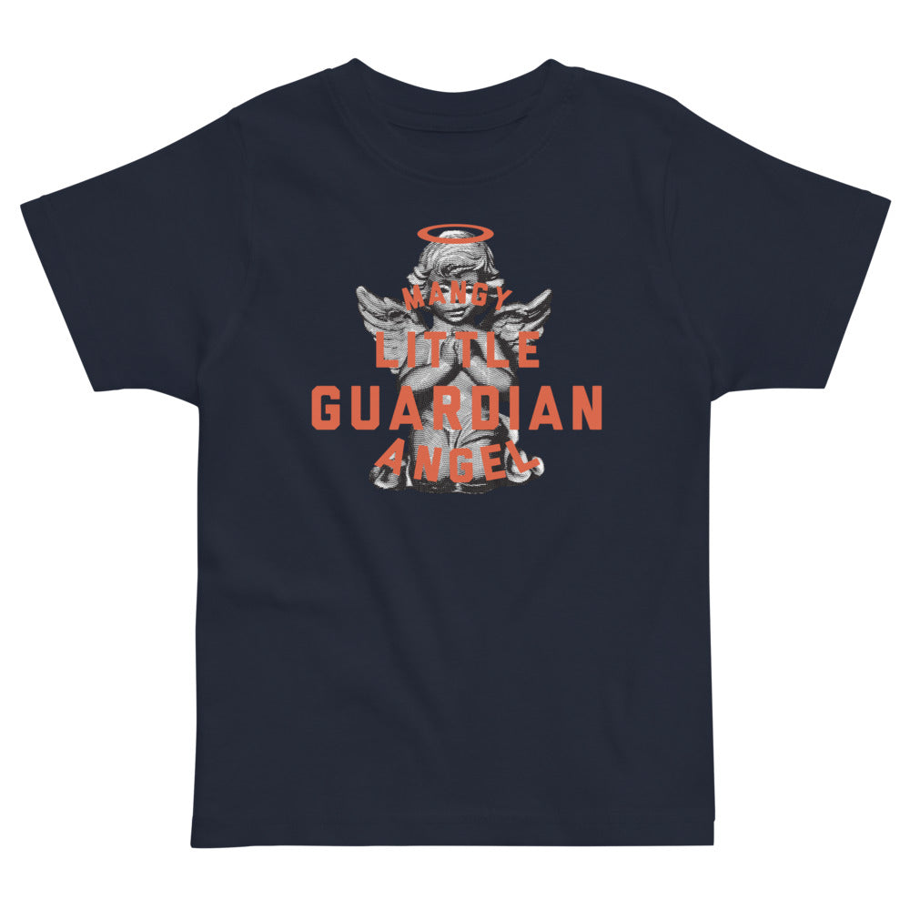 Shirt that says 'Mangy little guardian angel' over a praying angel statue