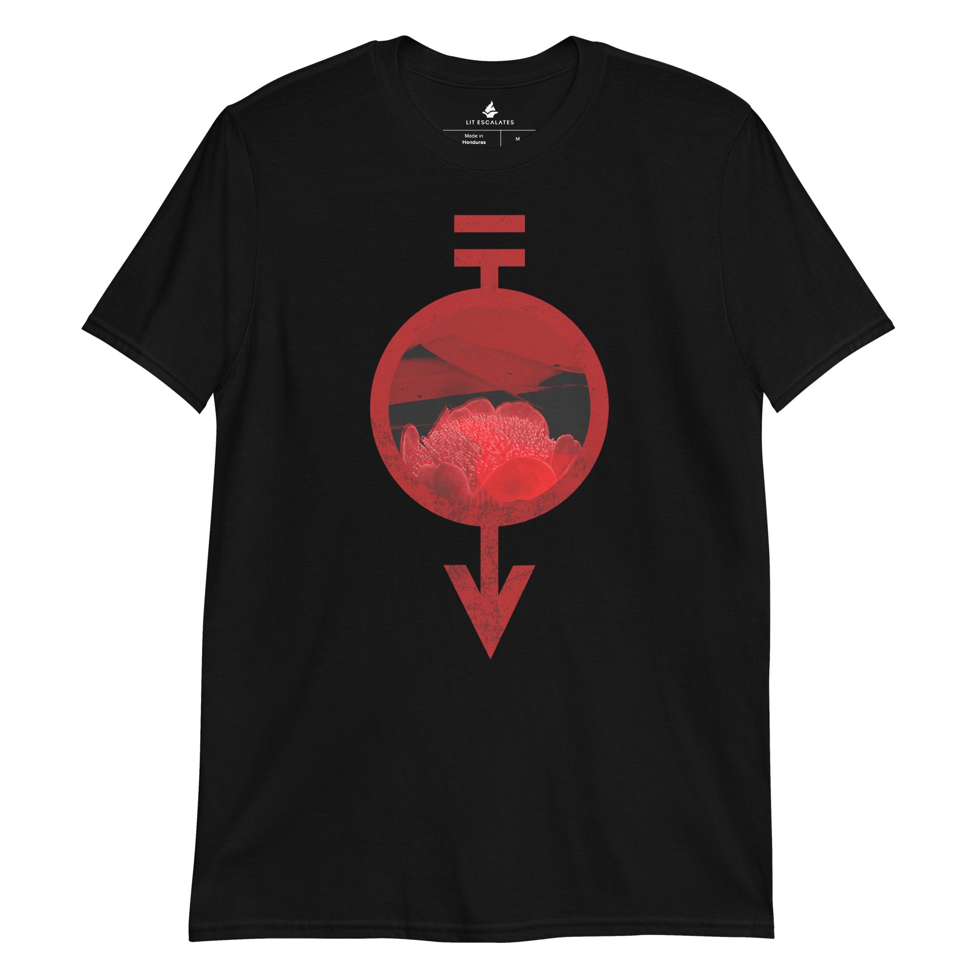 Black shirt featuring the Red Haemanthus flower inside the Red sigil