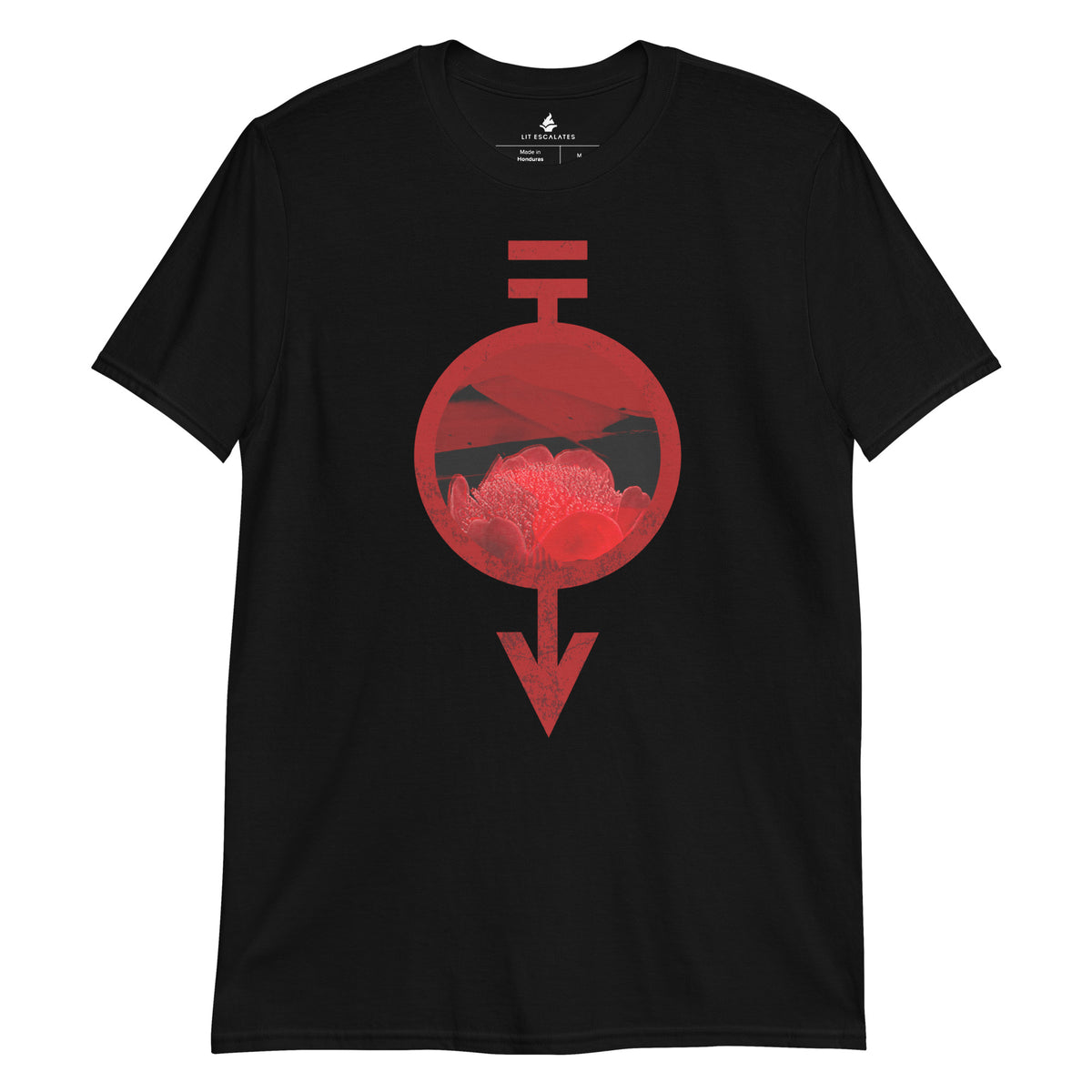 Black shirt featuring the Red Haemanthus flower inside the Red sigil