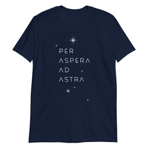 Navy shirt with "Per Aspera Ad Astra" and star field printed in white