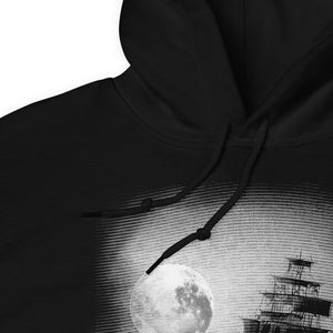 Black hoodie with a pirate ship on the ocean under a full moon and text that reads 'Stop fucking with the ship'