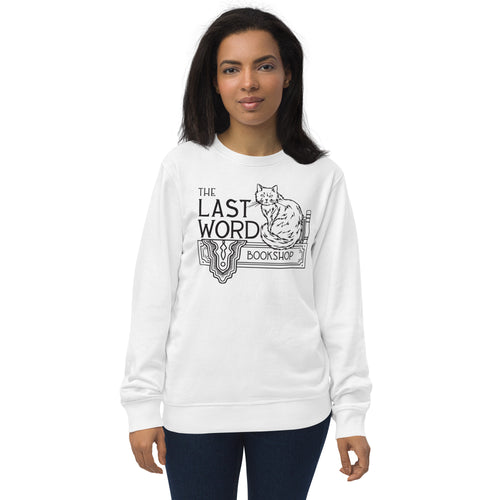 Sweatshirt that says The Last Word Bookshop and has a fluffy cat sitting next to books