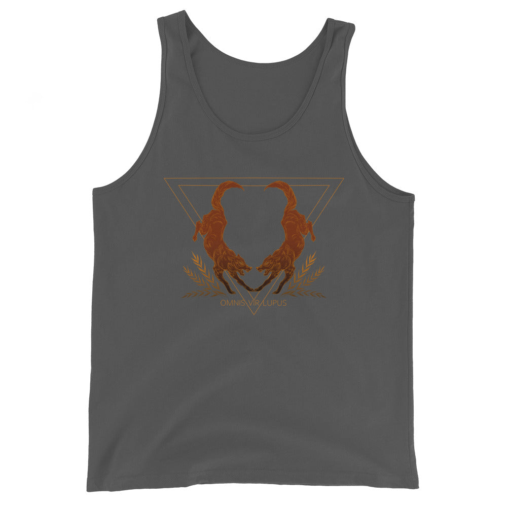 Tank top with two wolves and the phrase 'Omnis Vir Lupus'