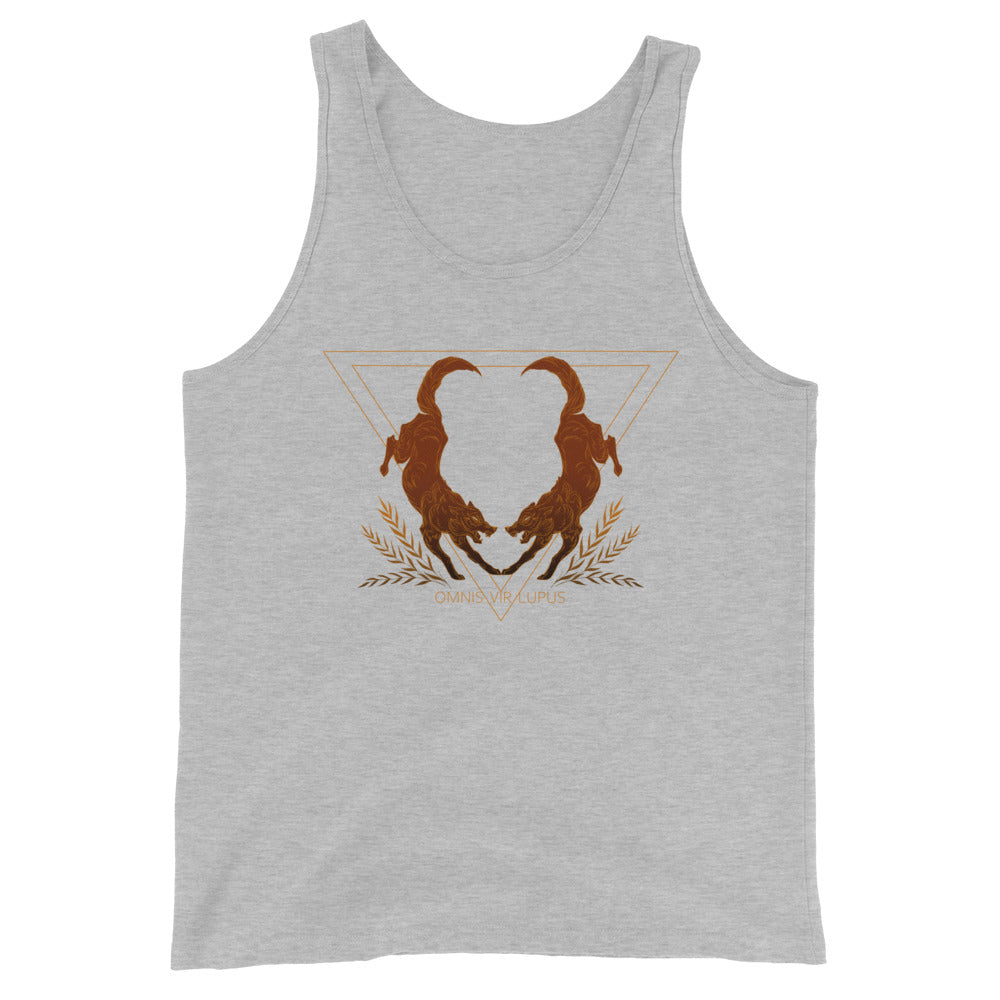 Tank top with two wolves and the phrase 'Omnis Vir Lupus'
