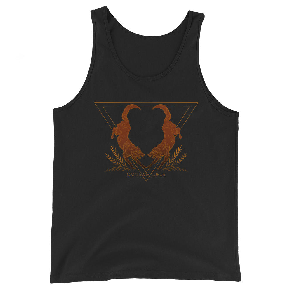 Tank top with two wolves and the phrase 'Omnis Vir Lupus'