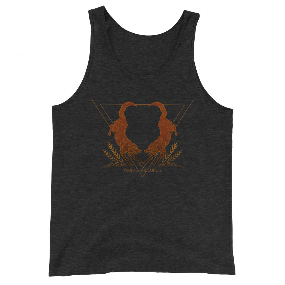 Tank top with two wolves and the phrase 'Omnis Vir Lupus'