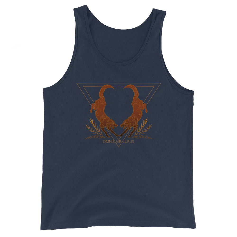 Tank top with two wolves and the phrase 'Omnis Vir Lupus'