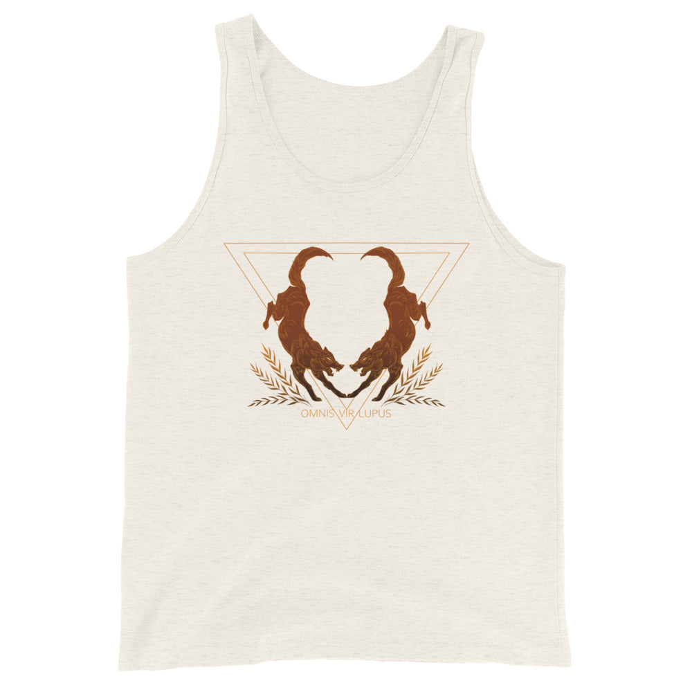 Tank top with two wolves and the phrase 'Omnis Vir Lupus'