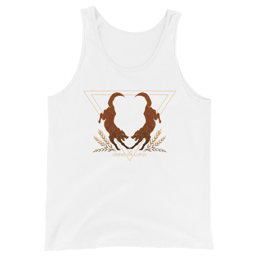 Tank top with two wolves and the phrase 'Omnis Vir Lupus'