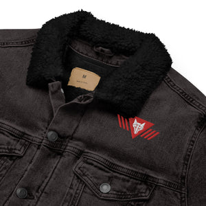 Black denim and sherpa jacket embroidered with the House Mars Sigil on the front right and Pegasus Legion Sigil on back