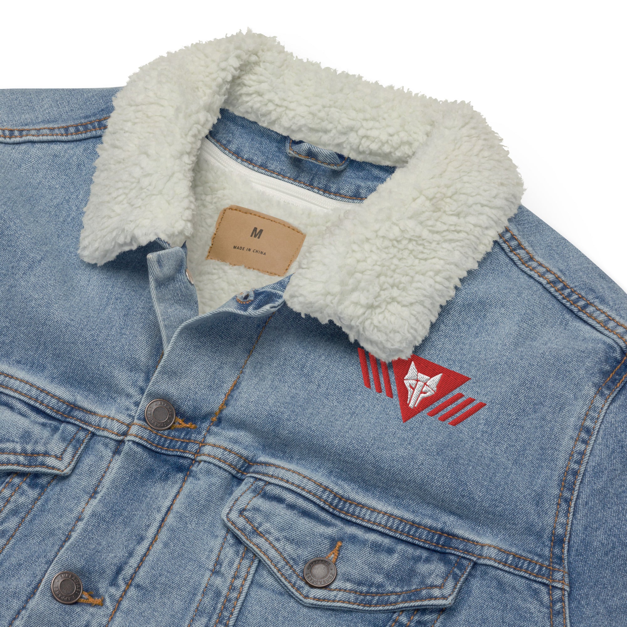 Blue denim and white sherpa jacket embroidered with the House Mars Sigil on the front right and Pegasus Legion Sigil on back