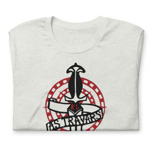 Load image into Gallery viewer, White shirt with a black and white knife with red initials KL and the phrase &#39;AS TRAVARS&#39; on a scroll wrapped around, with red circles in the background
