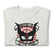 Load image into Gallery viewer, Tshirt with a black horned mask and the phrase &#39;whatever I am let it be enough&#39; on top of a red compass
