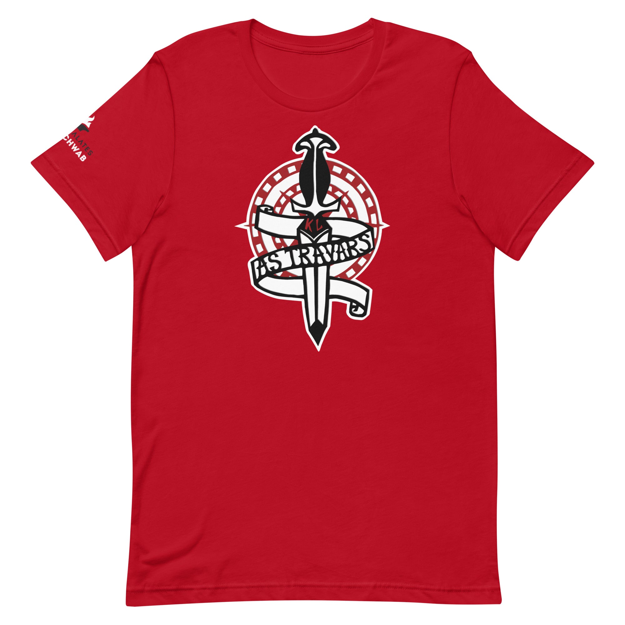 Red shirt with a black and white knife with red initials KL and the phrase 'AS TRAVARS' on a scroll wrapped around, with red circles in the background