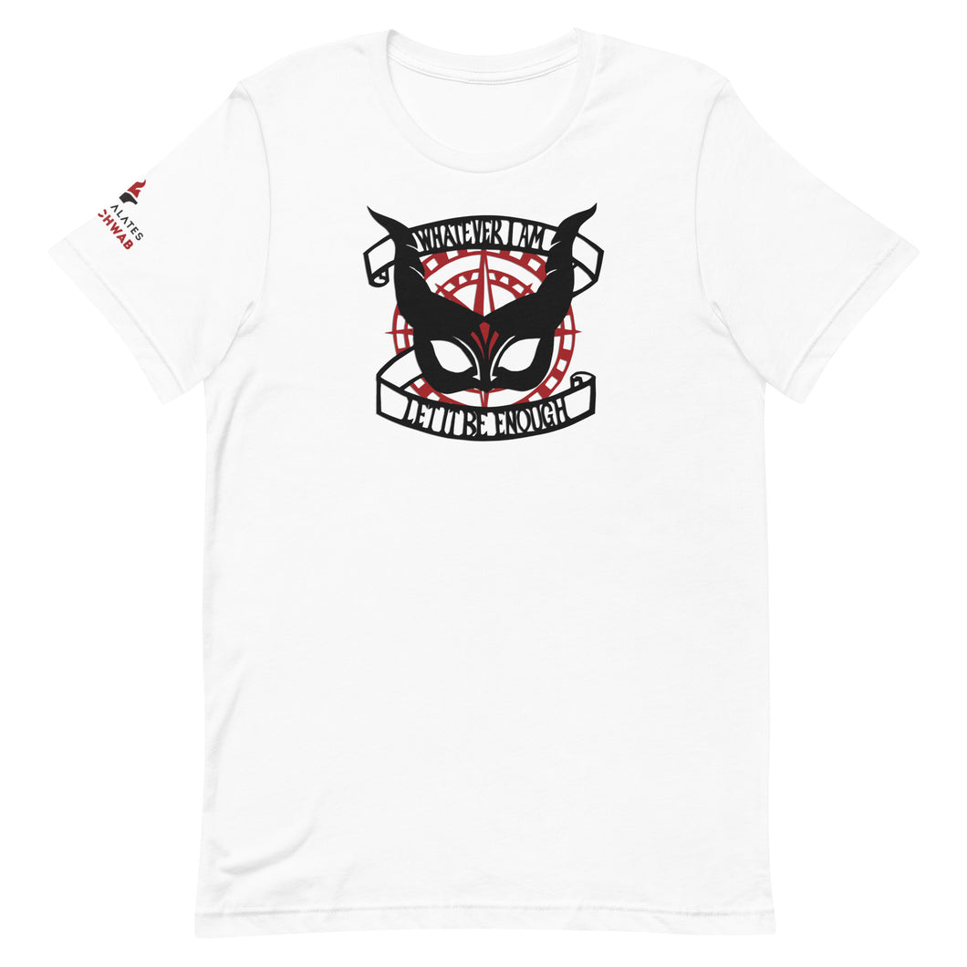 Tshirt with a black horned mask and the phrase 'whatever I am let it be enough' on top of a red compass
