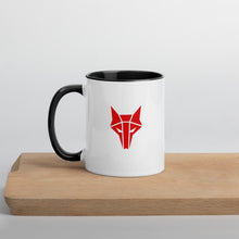 Load image into Gallery viewer, White mug with black handle and interior and Howler wolf sigil in red
