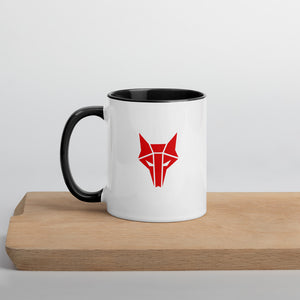 White mug with black handle and interior and Howler wolf sigil in red